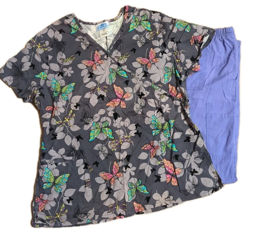 SB Scrubs Large Butterfly Dragonflies Scrub Top with Purple Bottoms Scrub Pants - Image 1 of 4