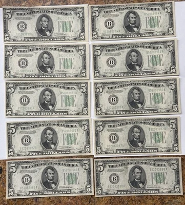 (10) BILLETES DE 5 DÓLARES DE LA RESERVA FEDERAL DE 1934-A NÍTIDOS SIN CIRCULAR Foto 1 de 2