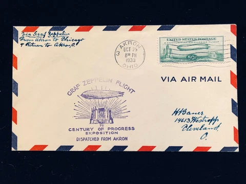 OH AKRON OCT 25 1933 GRAF ZEPPELIN FLIGHT COVER #C18 TO CENTURY OF PROGRESS EXPO Cover