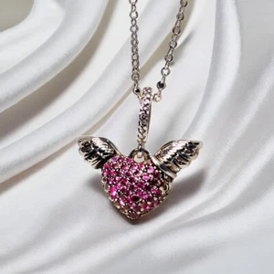 Heart & Angel Wings Necklace, Pink Sparkly Stones, Heart Pendant, 45cm Chain - Picture 1 of 4