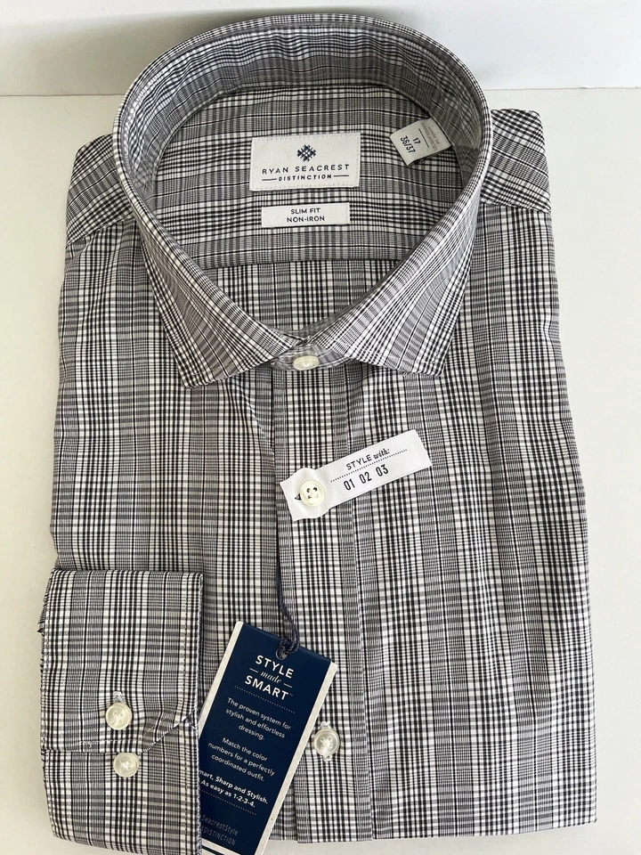 RYAN SEACREST Long Sleeve Dress Shirt 17 36/37 Black White Slim No Iron Cotton - Image 1 of 4