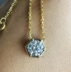 Hexagon Shape Bezel Set Moissanite Pendant Round Solitaire Moissanite Necklace - Picture 1 of 12