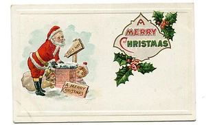 Vintage Postcard CHRISTMAS SANTA CLASS on roof at Chimney 1916 - Picture 1 of 2