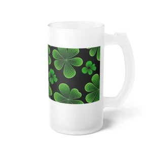 Frosted Glass Beer Mug , Green and Black, Four Leaf Clovers,  St. Patrick's Day  - Picture 1 of 8