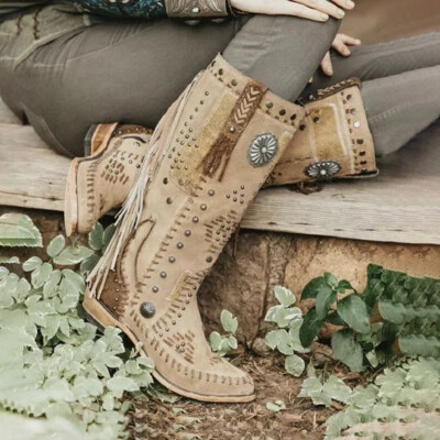 Retro American Western Vaquero Mujer Botas Hasta la Rodilla Tacón Bloque Remache Borla Cremallera Foto 1 de 4