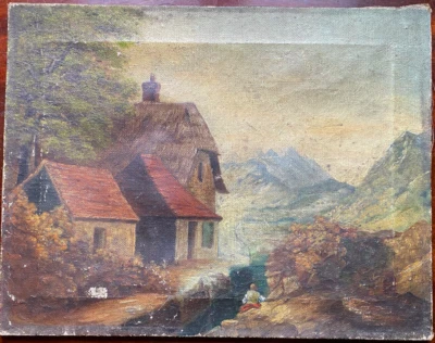 Картина маслом Home Before Bergkulisse With People And Forest Verso Bez Dat. 1800 - Изображение 1 из 4