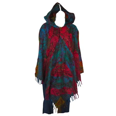 Poncho| 2 Botones|Fringe| Capucha+Bolsillo|Boho| MT | Mezcla de Lana Yak|1 Talla| Rojo/Azul Foto 1 de 4