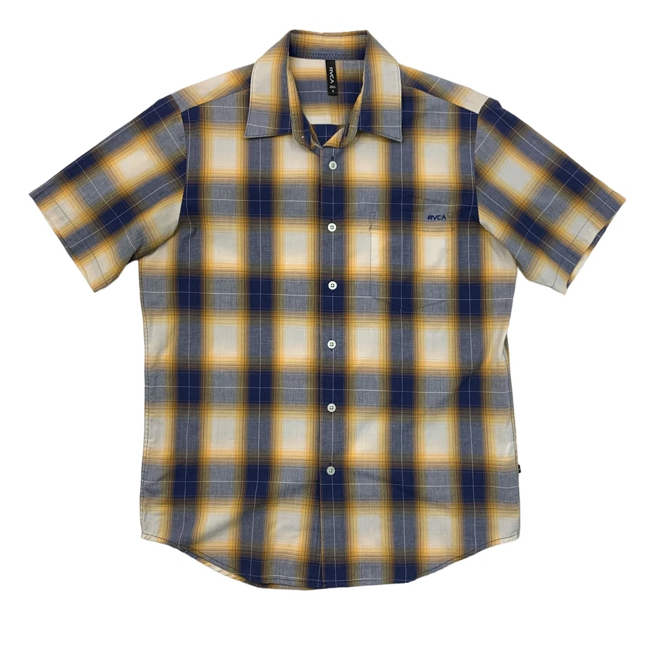 RVCA Shirt Mens S Small Yellow Blue Plaid Button Up Short Sleeve Drop Cut Pocket - Image 1 of 4