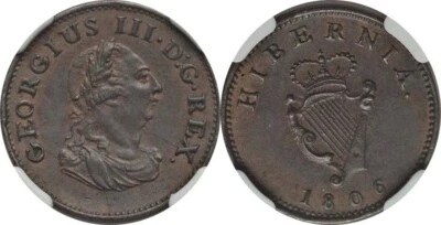 Ireland 1806 1/4 Penny Farthing Copper NGC AU58 BN KM# 146.1 - Image 1 of 3