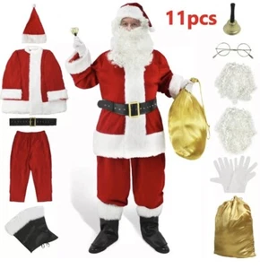 Men's Santa Costume Set Christmas 11pcs Deluxe Velvet Adult Santa Claus Suit - Picture 1 of 1