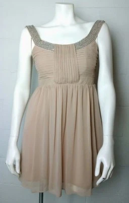 Nuevo con etiquetas Mini Vestido Damas Vestido Sin Mangas Cuello Cuentas Transparente Bronceado Falda y Volantes Talla 10 Foto 1 de 4