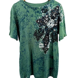 Archaic by Affliction Medium Graphic T-Shirt Green Acid Wash Cross Design Y2K - Picture 1 of 4