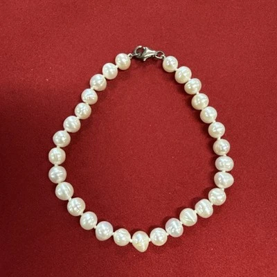 Sterling Silver 925 White Pearl Single Strand Bracelet 7.5” - Image 1 of 4