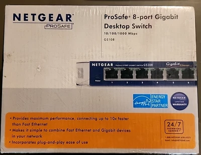 Netgear Prosafe 8 Port Gigabit Switch GS108 10/100/1000 Mbps New in Box - Image 1 of 4