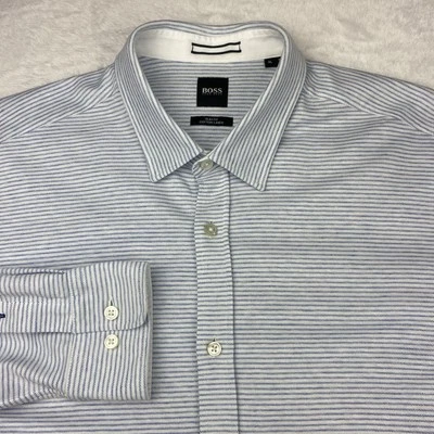 BOSS Hugo Boss Men’s XL Blue White Stripe Shirt Cotton/Linen Slim Fit - Image 1 of 4