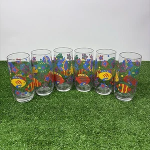 Set of 6 80's Vintage Libbey Multi Color Tropical Fish 160z Glasses 1980s Retro - Picture 1 of 24
