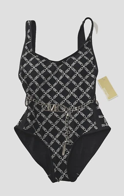 Traje de baño Michael Kors con cinturón cuello redondo de una pieza negro con logotipo - talla 6 - precio de venta sugerido por el fabricante 198 USD Foto 1 de 4