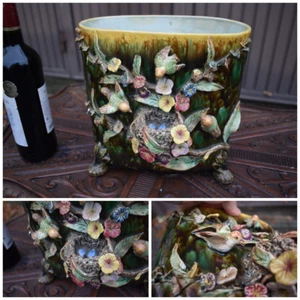 Antique art nouveau barbotine majolica planter vase birds nest eggs floral - Picture 1 of 11