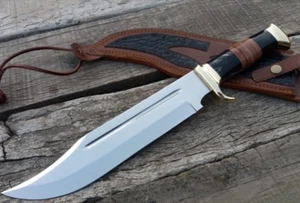 15"bowie knife D2 steel Bowie hunting knife with leather sheath Bull Horn Handle - Picture 1 of 11