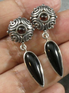 Antike .925 STERLINGSILBER GRANAT schwarz ONYX TRÄNEN Ohrstecker 1 5/8" - Bild 1 von 3
