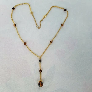 "Collar de Cadena y Vidrio Artístico Marrón Miel Vintage Estilo ""Y"" Doble Cierre 20"  - Imagen 1 de 8