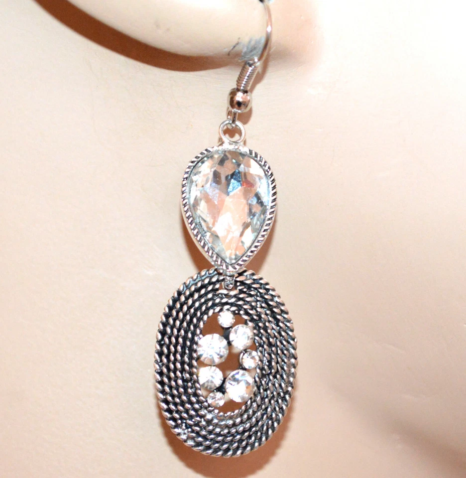 Orecchini donna cristalli strass cristalli pendenti argento cerchi ovali UG39 - Immagine 1 di 1