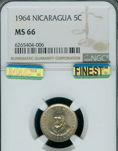 1964 NICARAGUA 5 CENTAVOS NGC MS66 PQ MAC FINEST GRADE SPOTLESS . - Picture 1 of 2