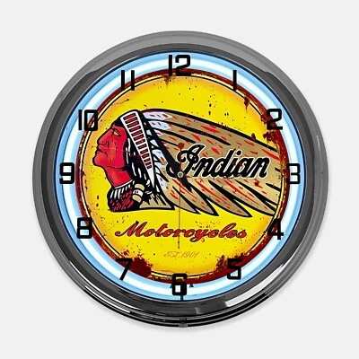 18" Indian Motorcycle EST. 1901 Metal Sign Designed White Neon Clock - Image 1 of 4