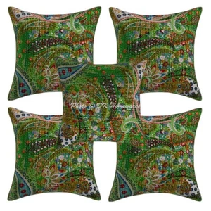 Bohemian Cotton Throw Pillow Covers Paisley Kantha Indian Set Of 5 Pillowcase - Picture 1 of 6