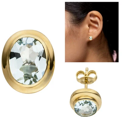 Ohrstecker 585 Gold 14 Karat 2 Aquamarine blau klassische ovale Ohrringe neu - Bild 1 von 2