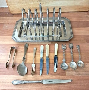 Job Lot 12 Vintage Metal Pieces Tableware Toast Rack,Cutlery,Sugar Nips etc - Picture 1 of 11