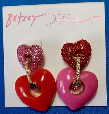 Betsey Johnson Red & Pink Double Heart Mismatch Dangle / Drop Earrings- NEW - Image 1 of 3