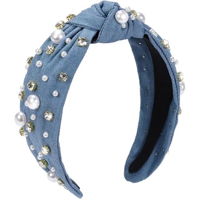  Pearl Knotted Headband, Women Rhinestone Embellished Hairband Elegant Wide  - Image 1 of 4