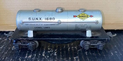 ВИНТАЖНЫЙ ДОВОЕННЫЙ LIONEL O КАЛИБРА S.U.N.X #1680 СЕРЕБРЯНЫЙ SUNOCO БАК - Изображение 1 из 4