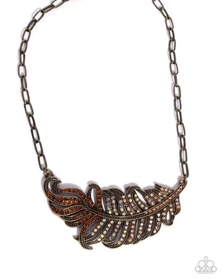 Paparazzi Fancy Feather - Brass - Rhinestones - Brass Feather - Necklace& Ear - Image 1 of 3
