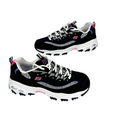 斯凯奇女式 D'Lites 宽版运动鞋 9W 黑色灰色花边记忆泡沫舒适 — 第 1/4 张图片