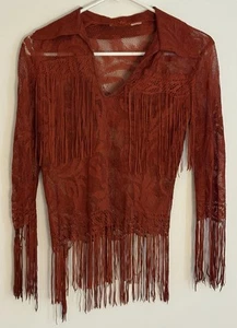 Vintage 70s Rust Semi Sheer Lace Fringe Boho Festival Top XS/S - Picture 1 of 11