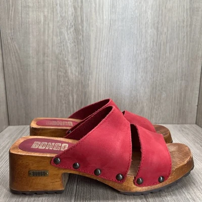 Bongo Wooden Platform Clog Sandal Size 9 Slip On Block Heel Open Toe Leather Red - Image 1 of 4