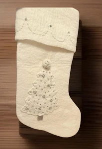 Rare Pottery Barn Glitter Ivory Wool Tree CHRISTMAS Stocking Read* - Picture 1 of 9