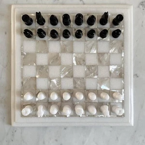 12 Zoll weißes Marmor Schachspiel Figuren Perlmutt Intarsien Stein Spielzimme... - Picture 1 of 8