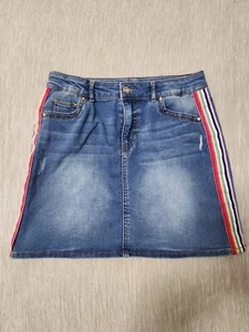 Wonder Nation Distressed  Blue Jean  Rainbow Striped Mini Skirt Girls Size 14/16 - Picture 1 of 6