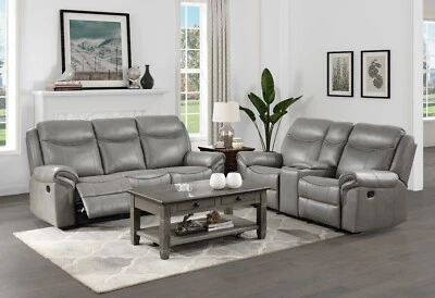 2 PC GREY FAUX LEATHER RECLINING DROP DOWN TABLE SOFA GLIDING LOVESEAT FURNITURE - Image 1 of 4