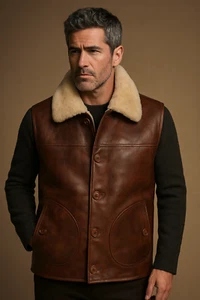 Men's Cognac Premium Sheepskin Leather & 100% Real Shearling Fur Gilet Vest - Picture 1 of 12