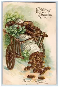 1906 Neujahrssack Münzen fiel Barell Kleeblatt im Wagen geprägte Postkarte - Bild 1 von 2