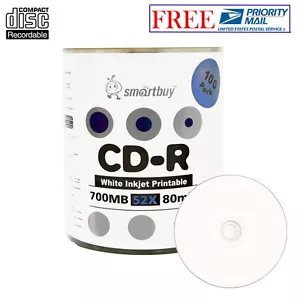 Confezione da 100 Smartbuy CD-R bianco 52x 700 MB 80 M disco di registrazione stampabile a getto d'inchiostro - Foto 1 di 4
