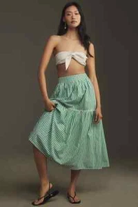 Falda Midi Mille Betty Rayas Anthropologie Forrada de Algodón en Niveles Verde Talla XL NUEVA - Imagen 1 de 4