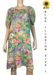🌻BLUE ILLUSION SIZE L MULTI FLORAL BUTTERFLY PRINT FRENCH LINEN SHIFT DRESS - Picture 1 of 12