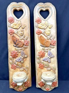 Pair Chalkware Relief Flowers Butterfly Wall Hangings Candle Holder Sconces VTG - Picture 1 of 24