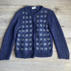 Vintage Givenchy Damen Mohair Strickjacke groß lila blau kariert Wollpullover - Bild 1 von 6