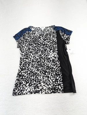Top elástico para mujer Liz Claiborne negro blanco azul estampado variado manchado L Foto 1 de 4